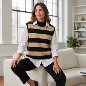 Black Tan Stripe Mock Neck Sleeveless Knit Sweater Vest Preppy Smart Women Large